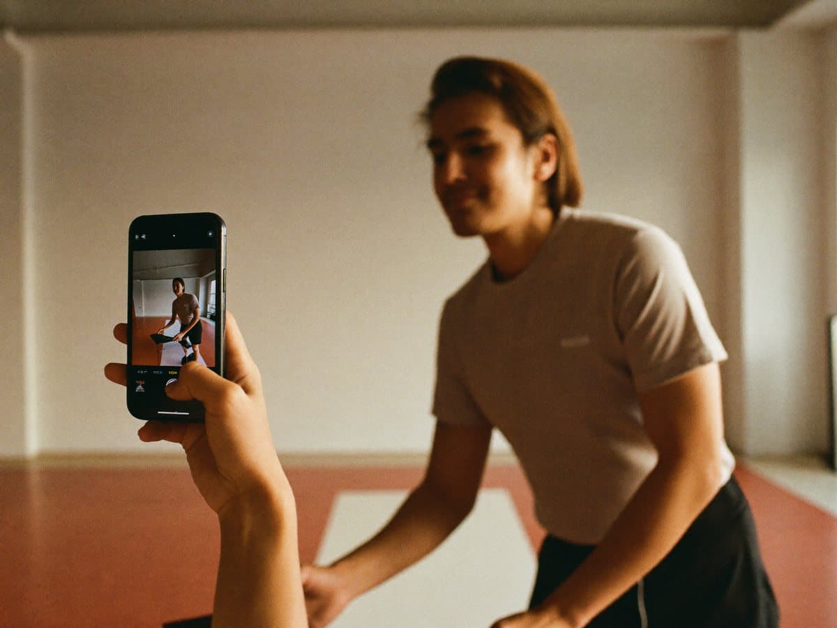 Coach memotret sesi latihan secara langsung dengan ponsel di dalam gym